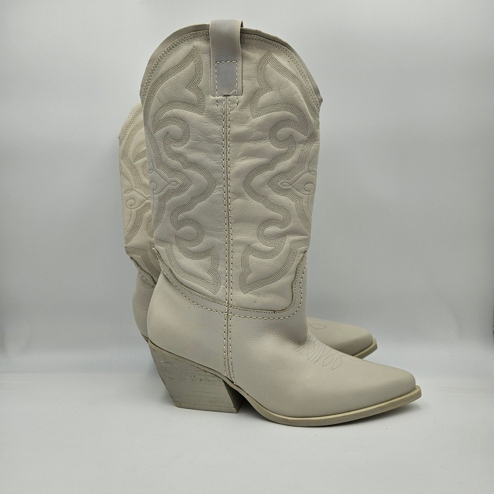 Steve Madden Womens 6.5M West Leather Western Cowboy Boots Pointed Toe Ivory